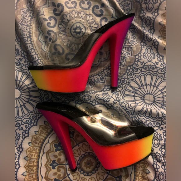 Preowned Pleaser Ombré Orange,Pink and Yellow Platform Heels Size 6 - Picture 1 of 8